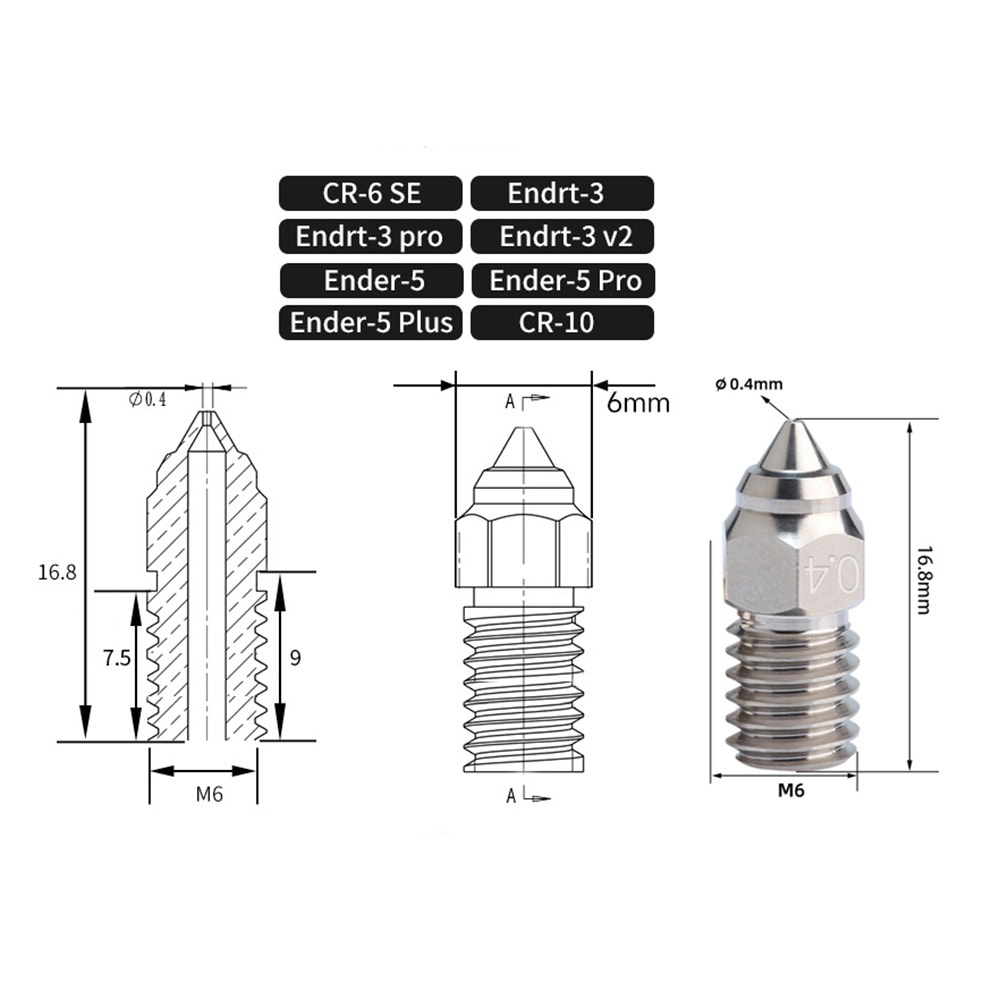 Munstycke i kopparlegering Creality Ender 7/5/3 V3 SE / 3D-skrivarmunstycke 1.75 mm 0.3–0.8 mm / nozzle 5-pack