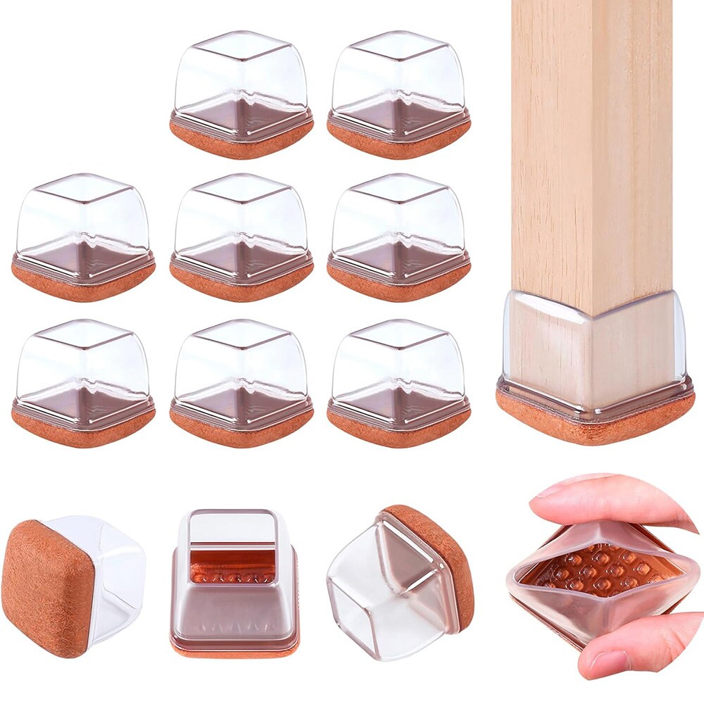 Fyrkantiga stolbensskydd 25-37 mm / möbeltassar i silikon med filt / golvskydd för stolar och bord 8-pack - Klar