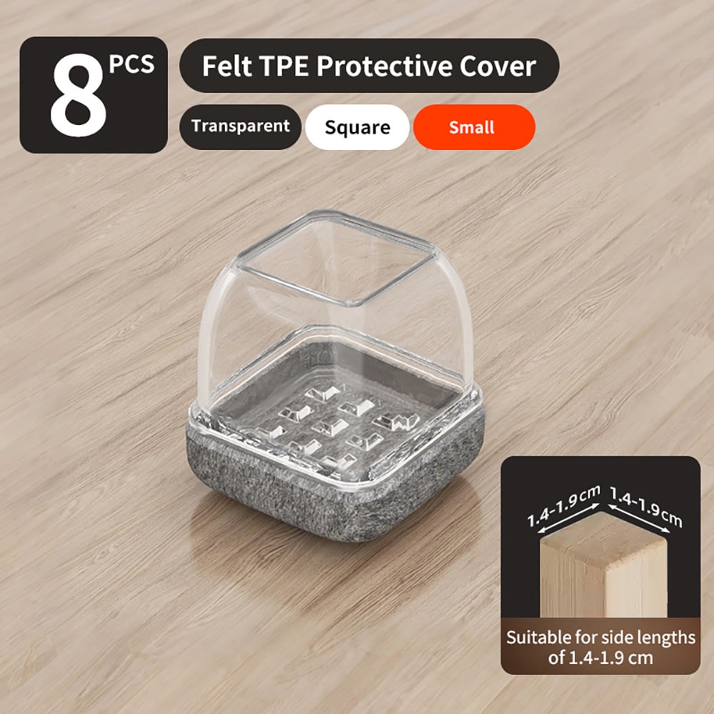 Fyrkantiga stolbensskydd 14–19 mm / möbeltassar i silikon med filt / golvskydd för stolar och bord 8-pack - Klar