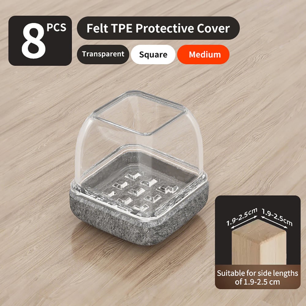 Fyrkantiga stolbensskydd 19-25 mm / möbeltassar i silikon med filt / golvskydd för stolar och bord 8-pack - Klar