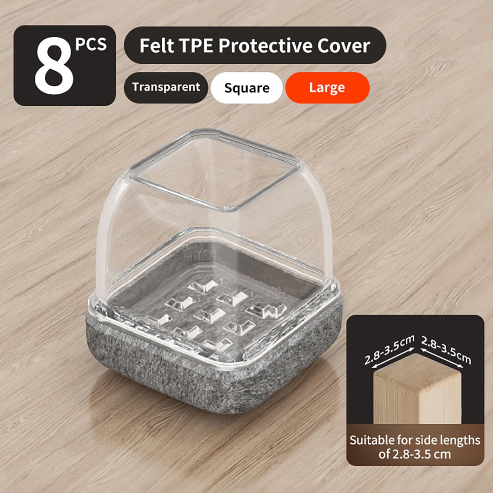 Fyrkantiga stolbensskydd 28-35 mm / möbeltassar i silikon med filt / golvskydd för stolar och bord 8-pack - Klar