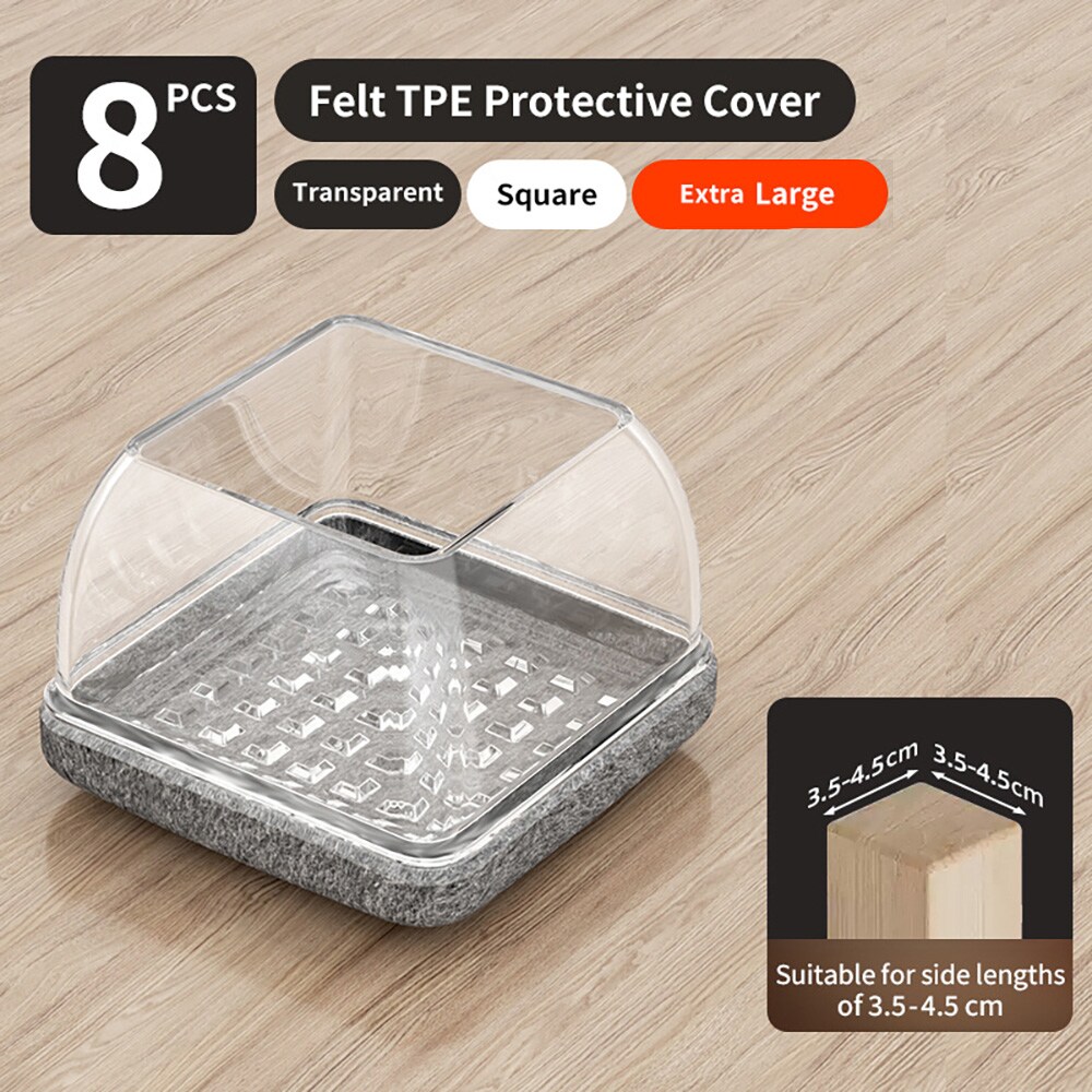 Fyrkantiga stolbensskydd 35-40 mm / möbeltassar i silikon med filt / golvskydd för stolar och bord 8-pack - Klar