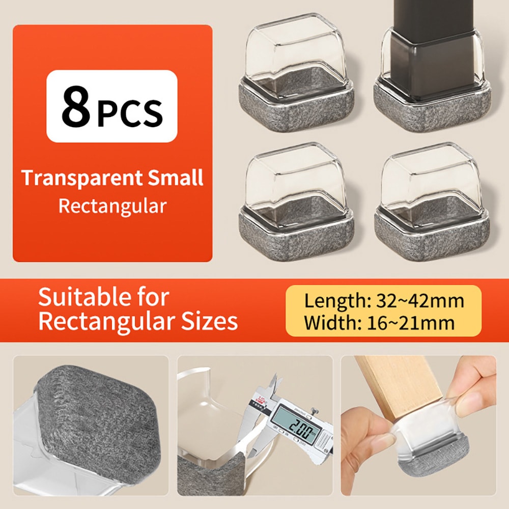 Rektangulära stolbensskydd S / stolbenskoppar i TPE med filt / golvskydd 8-pack klar