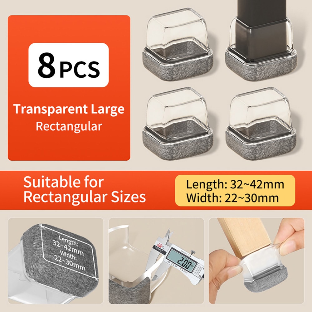 Rektangulära stolbensskydd L / stolbenskoppar i TPE med filt / golvskydd 8-pack klar