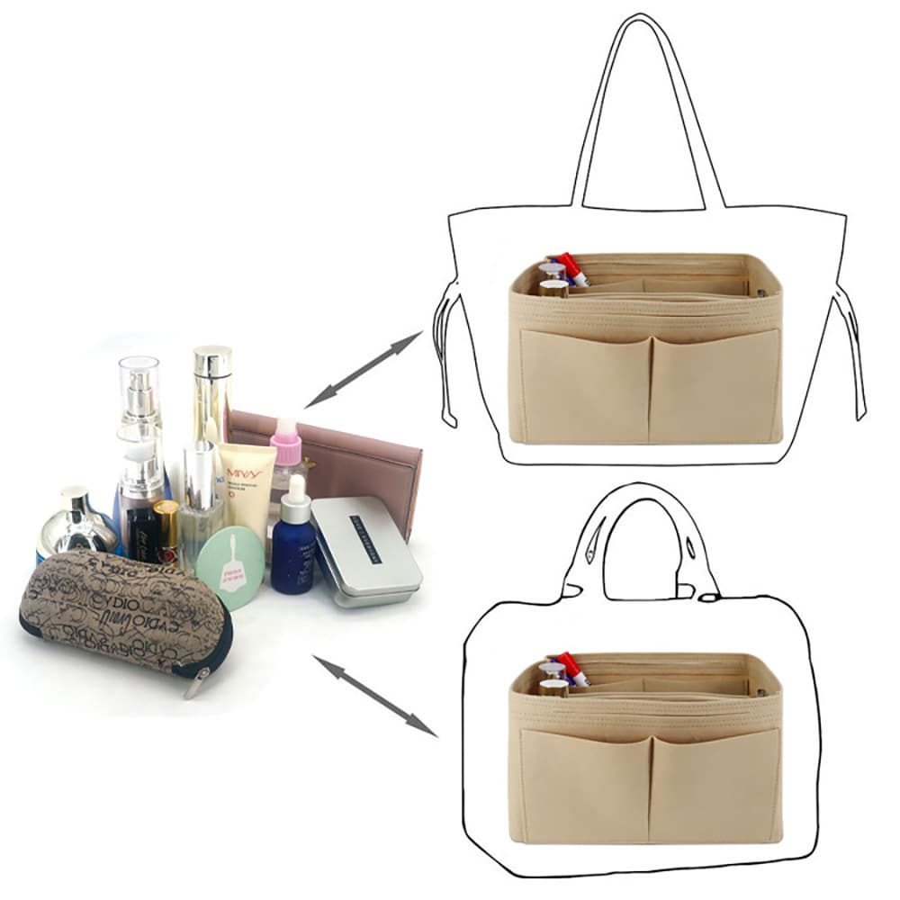 Organizer för handväska medium / väskinlägg med flera fack / handbag organizer i filt - Beige