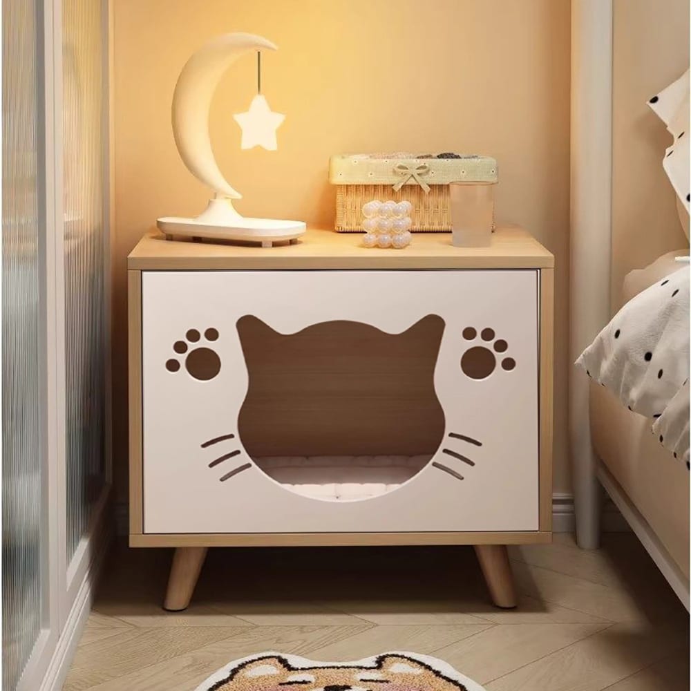 Nattduksbord med kattbädd 60cm - Vit/Trä / kattmöbel / kattgömma / sängbord med kattbo