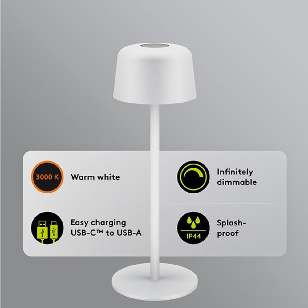 Trådlös LED bordslampa 25 cm / touchkontroll / dimbar / 150 lm / 3000 K / uppladdningsbar / IP44 - Vit