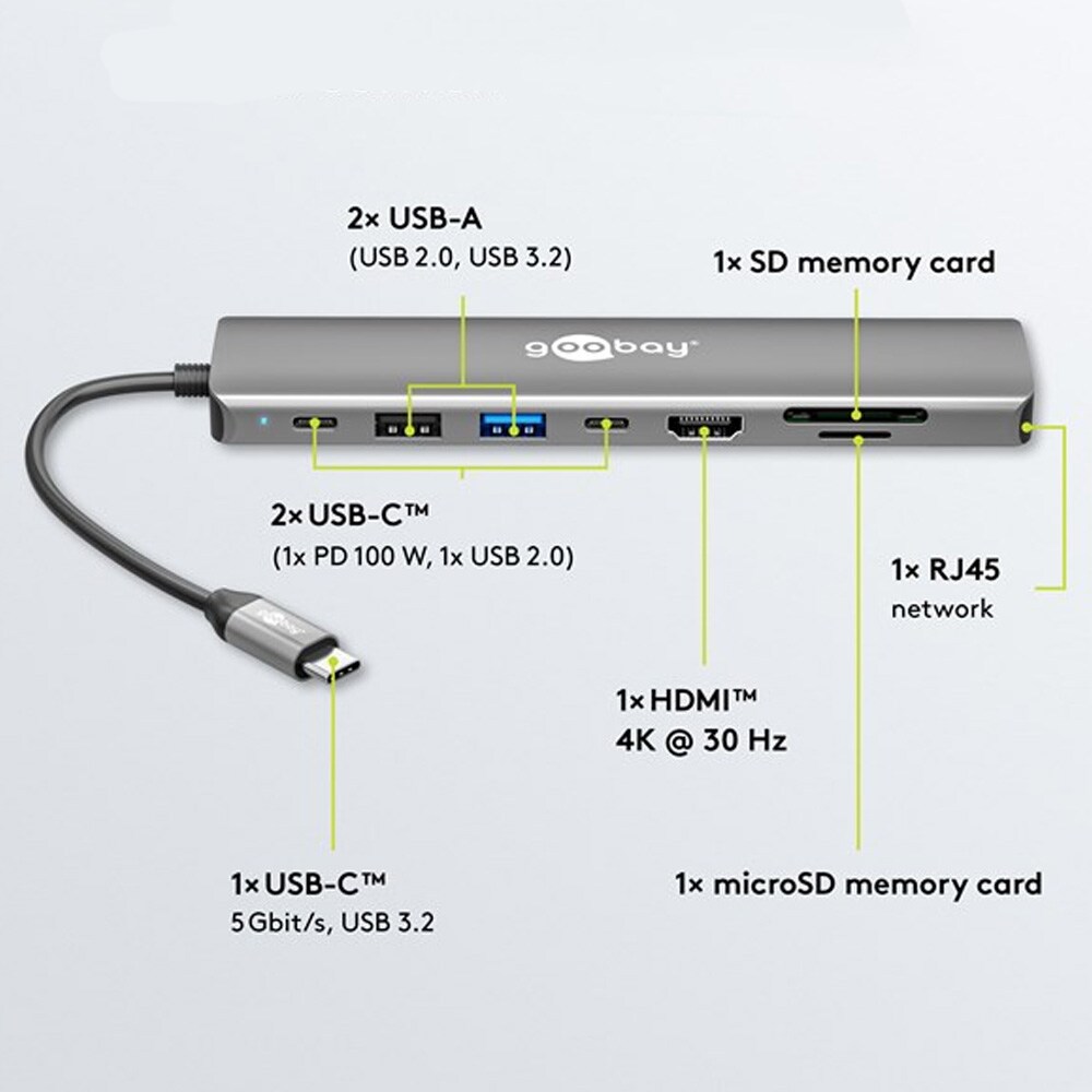 Goobay USB-Hubb med USB, USB-C, HDMI och RJ45 / USB-C hub 8 portar