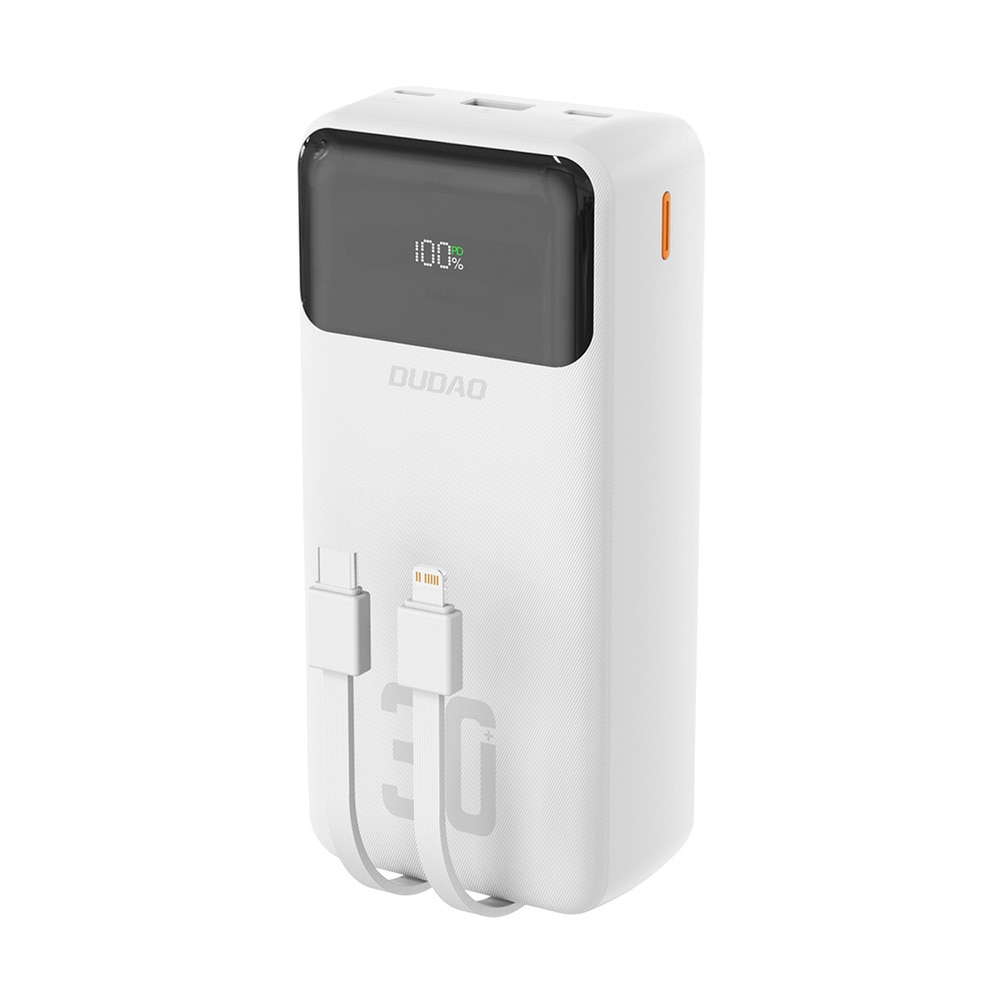 Dudao 30000mAh PD 22,5W Powerbank med USB-C- och Lightningkabel - Vit