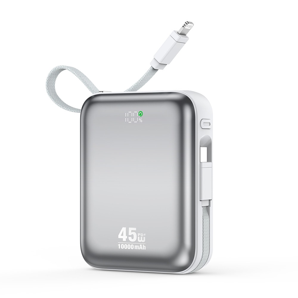 BWOO Powerbank 45W 10000 mAh med USB-C og Lightning-kabel - grå