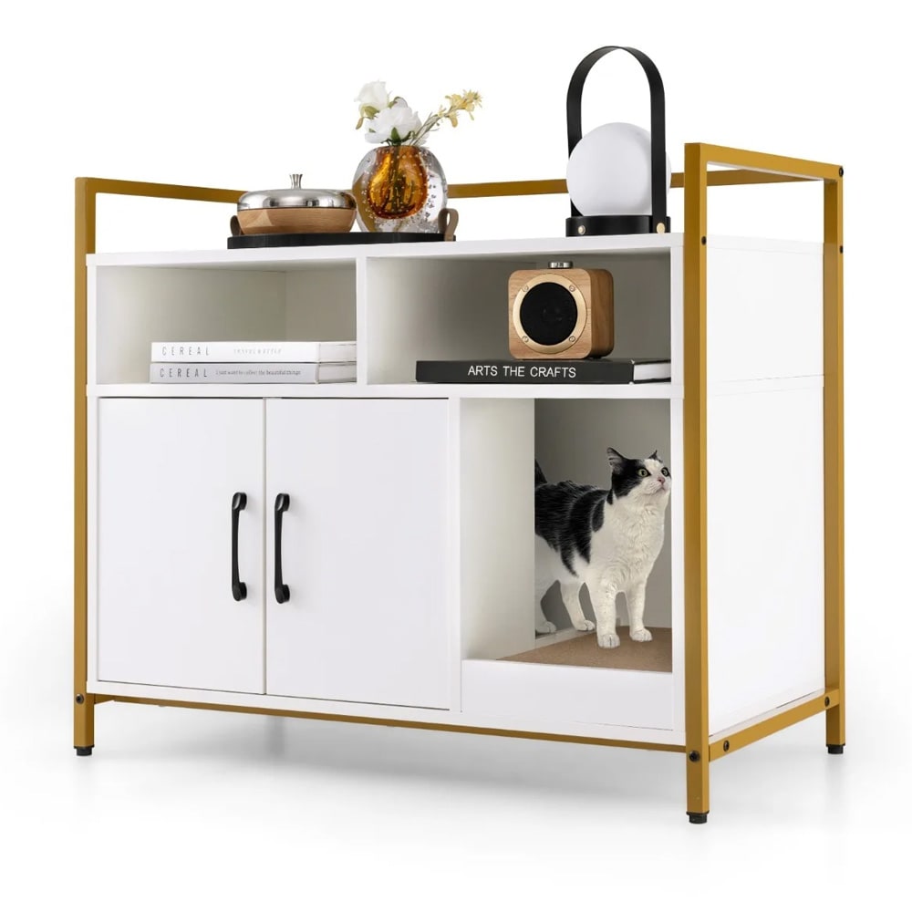 Kattmöbel med hyllor och klösbräda / kattskåp / kattmöbel dold kattlåda / kattförvaring - Vit