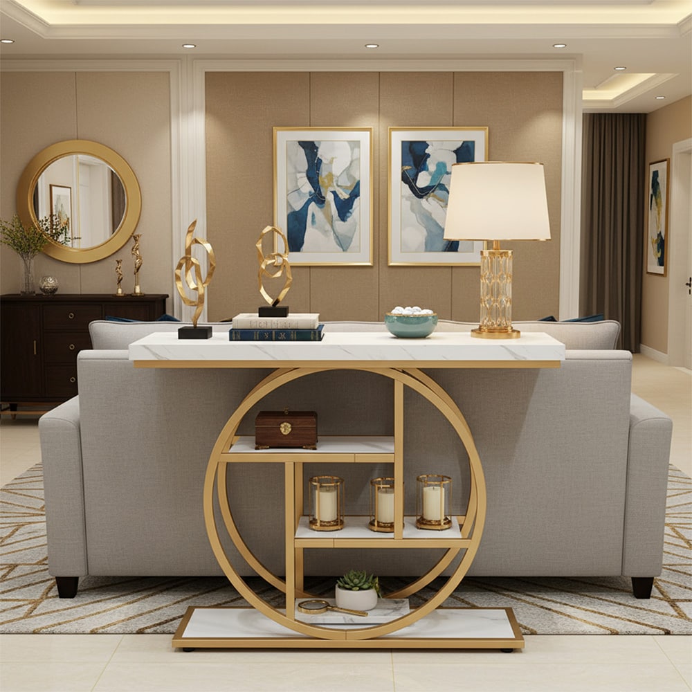 Konsolbord 105 cm vit/guld / avlastningsbord / smalt hallbord / sidobord med metallram