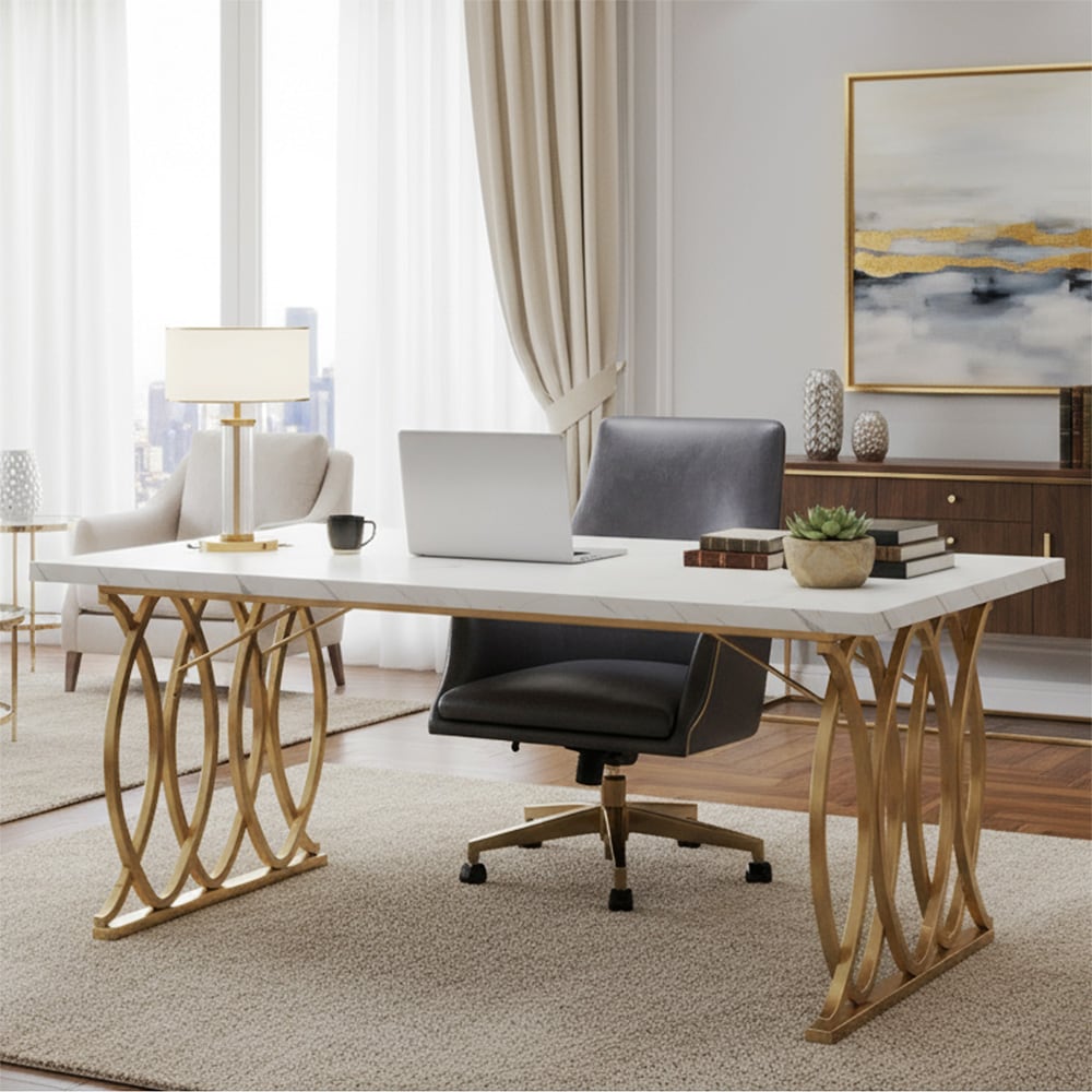Modernt skrivbord 160 cm - konstmarmor/guld / skrivbord med marmorskiva