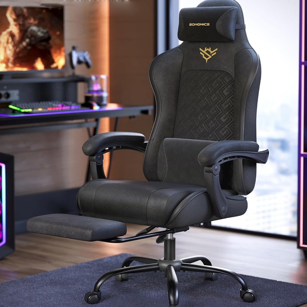 Gamingstol med sittdyna med fjädrar / spelstol med fotstöd / ergonomisk gamingstol - Svart