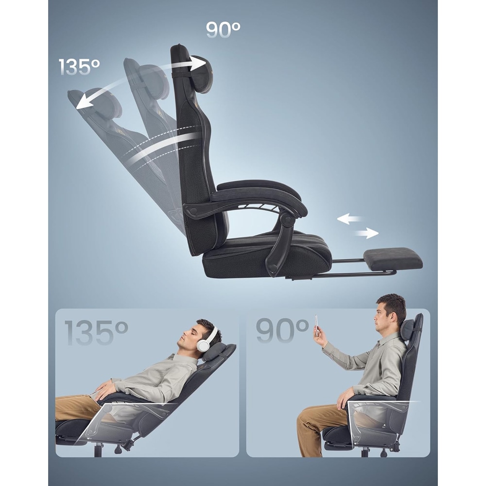 Gamingstol med sittdyna med fjädrar / spelstol med fotstöd / ergonomisk gamingstol - Svart