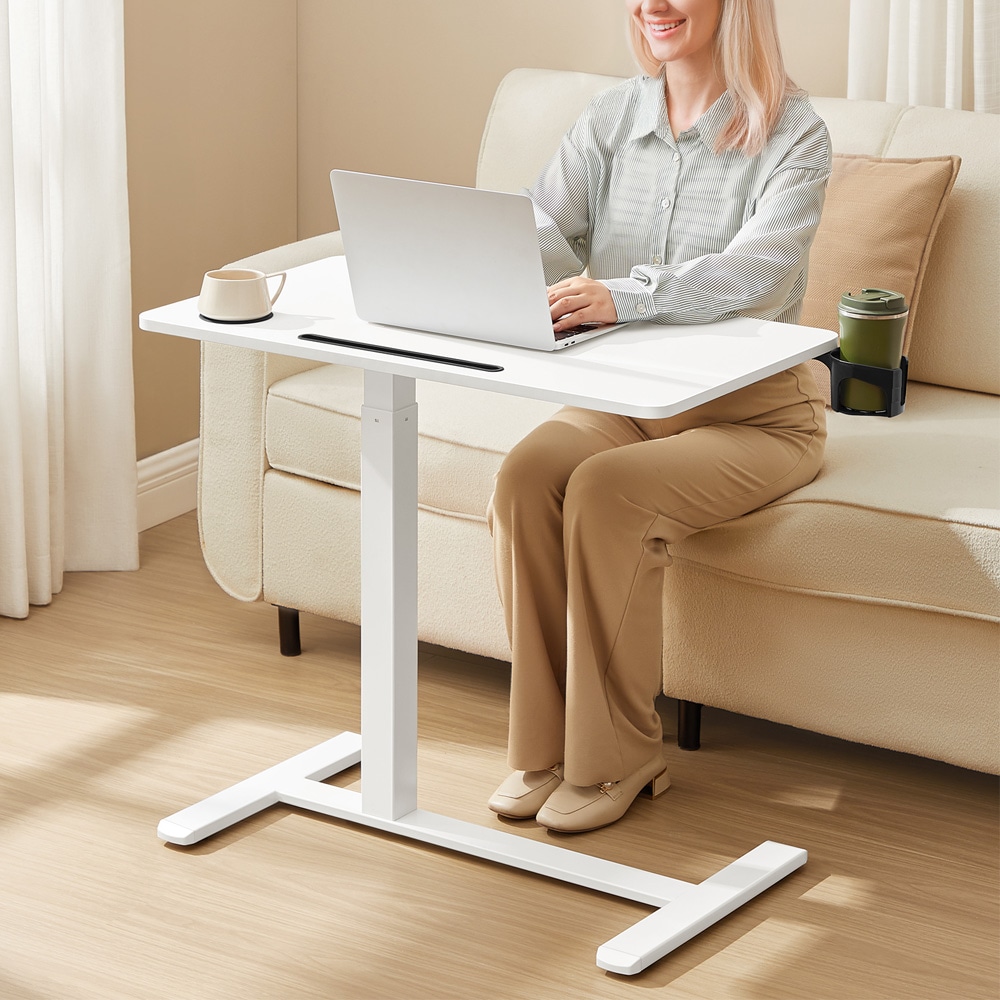 Justerbart laptopbord med mugghållare / höj- och sänkbart laptopbord / rullbart sidobord - Vit