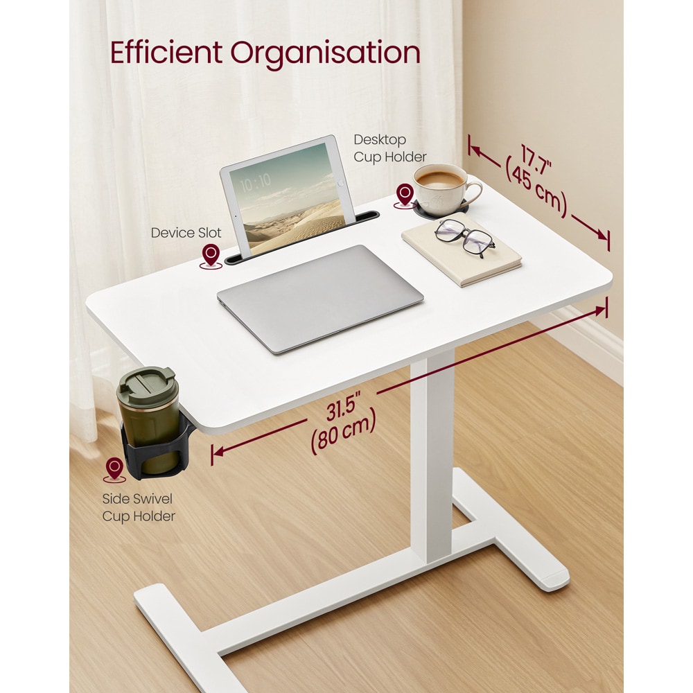 Justerbart laptopbord med mugghållare / höj- och sänkbart laptopbord / rullbart sidobord - Vit