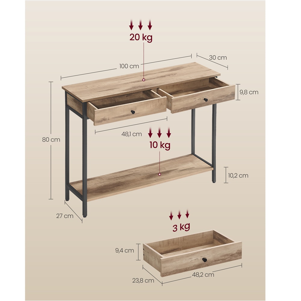 Konsolbord 100×30×80 cm / hallbord och sidobord i industriell stil med två lådor – Trä/svart