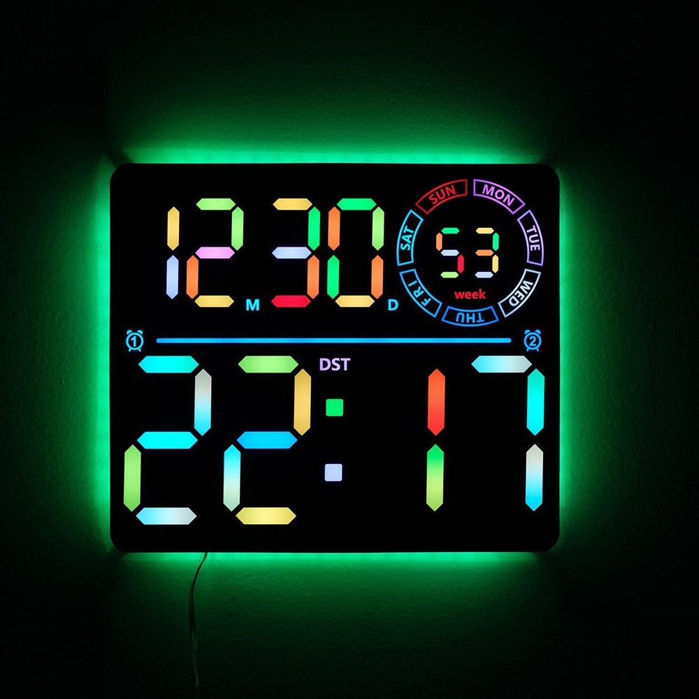 Stor Digital Väggklocka med RGB LED - Svart / Digital väggklocka med alarm
