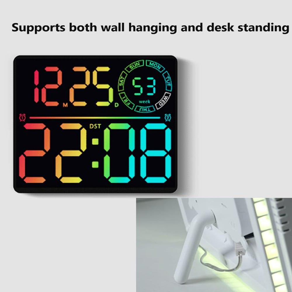 Stor digital väggklocka med RGB LED - vit ram / LED-klocka med färgdisplay