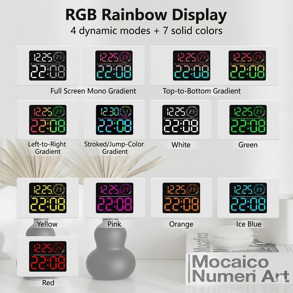 Stor digital väggklocka med RGB LED - vit ram / LED-klocka med färgdisplay