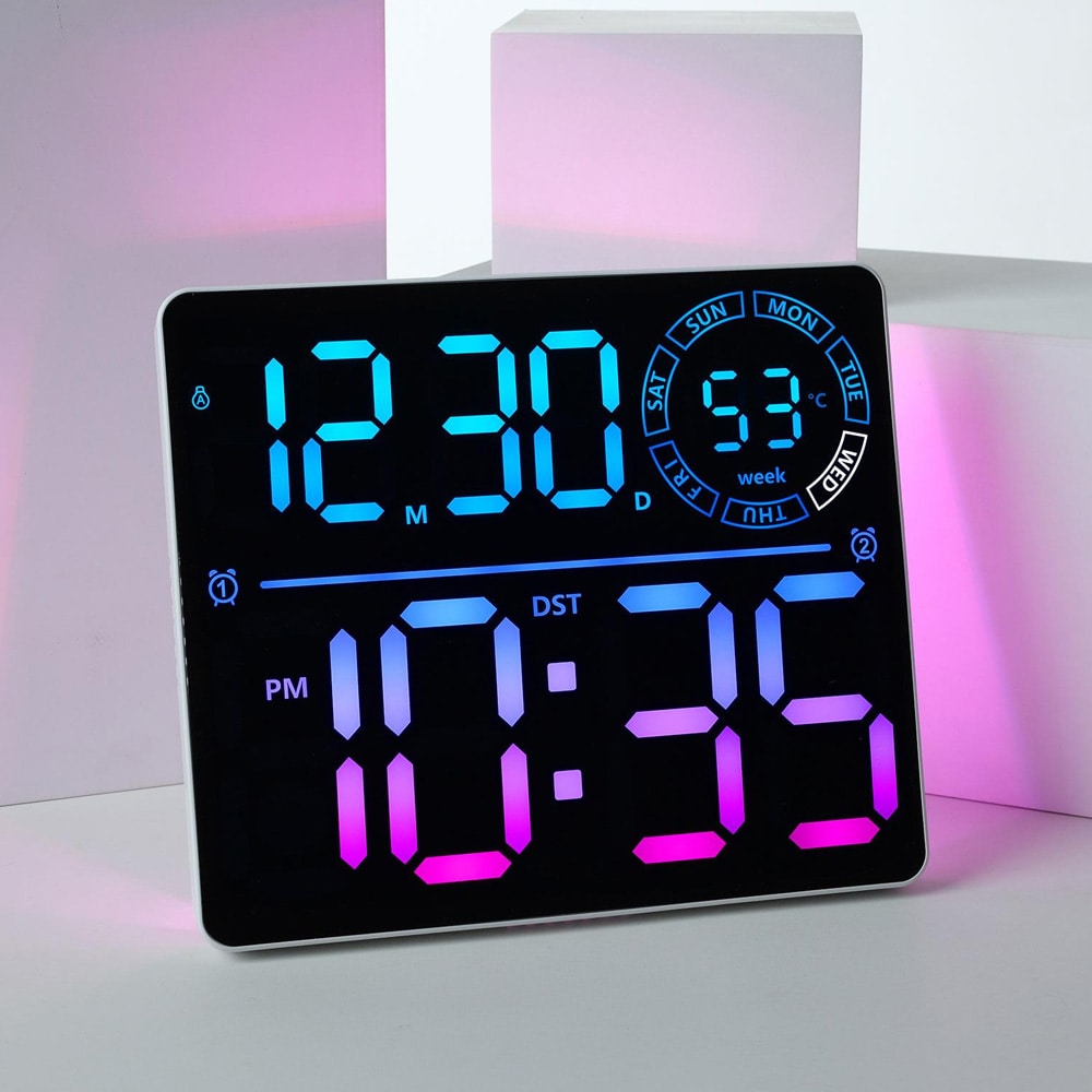 Stor digital väggklocka med RGB LED - vit ram / LED-klocka med färgdisplay
