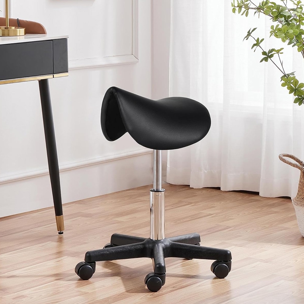 Justerbar sadelpall på hjul - Svart / sadelstol med hjul / arbetsstol ergonomisk