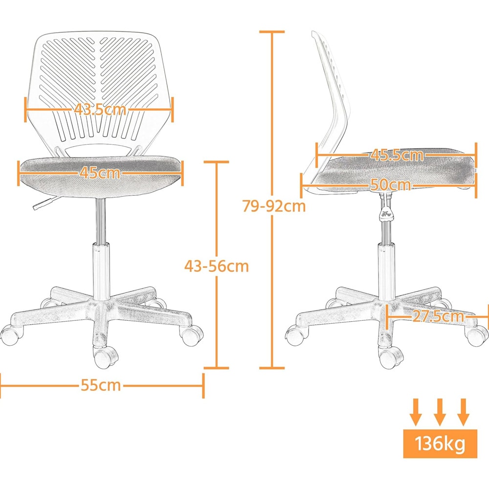 Ergonomisk kontorsstol - Grå / skrivbordsstol utan armstöd med justerbar höjd