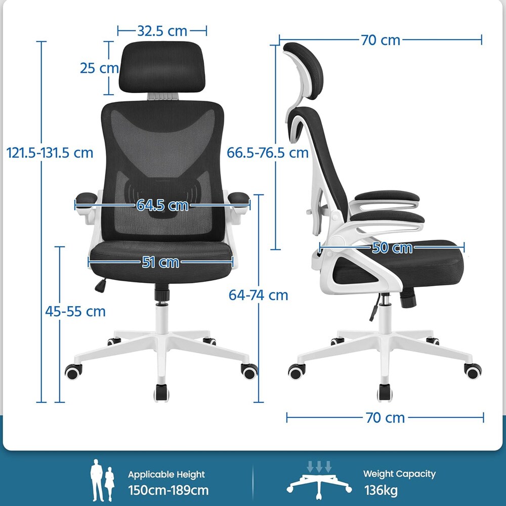 Ergonomisk kontorsstol - Svart/Vit / kontorsstol med justerbart nackstöd och svankstöd