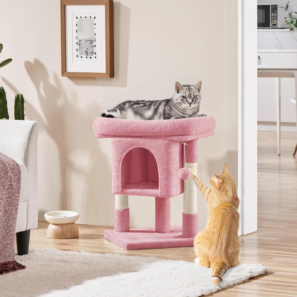 Litet klösträd med koja och säng - Rosa / kompakt klösträd med kattgrotta och plattform