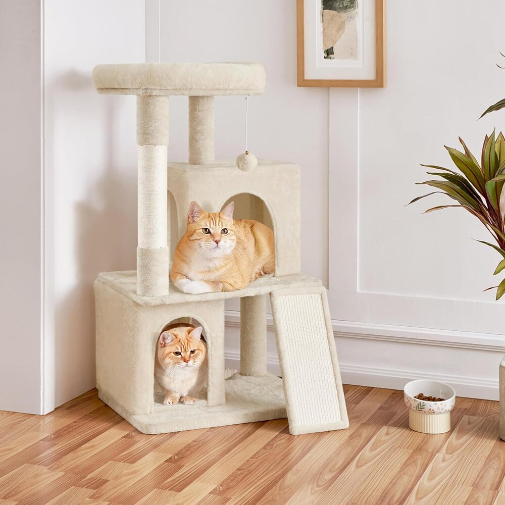 Litet klösträd med koja och säng - Beige / klösträd 106 cm med två kattkojor / klätterträd för katt