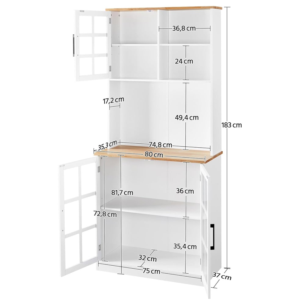 Högt förvaringsskåp med glasdörrar och öppna hyllor - Vit / köksskåp 183 cm med vitrindörrar