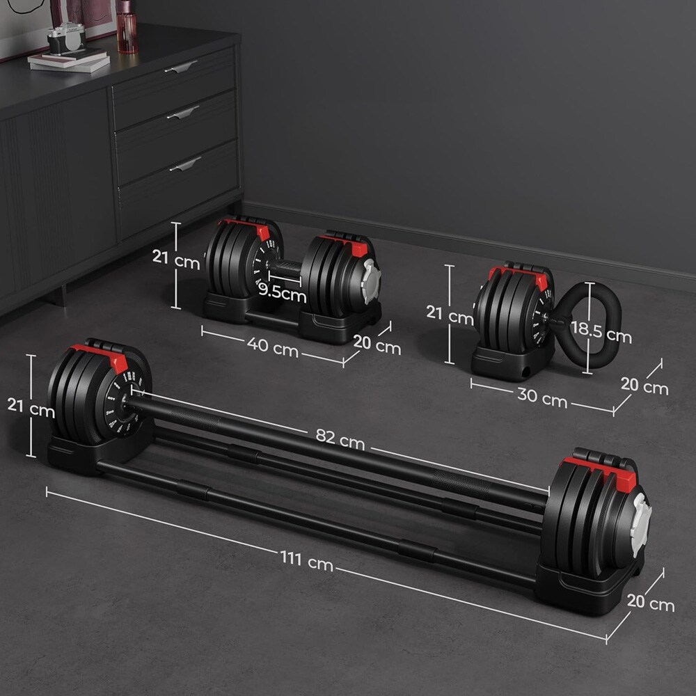 Justerbart manualsett 3-i-1 / manualer, vektstang og kettlebell med 12 vektinnstillinger – Svart