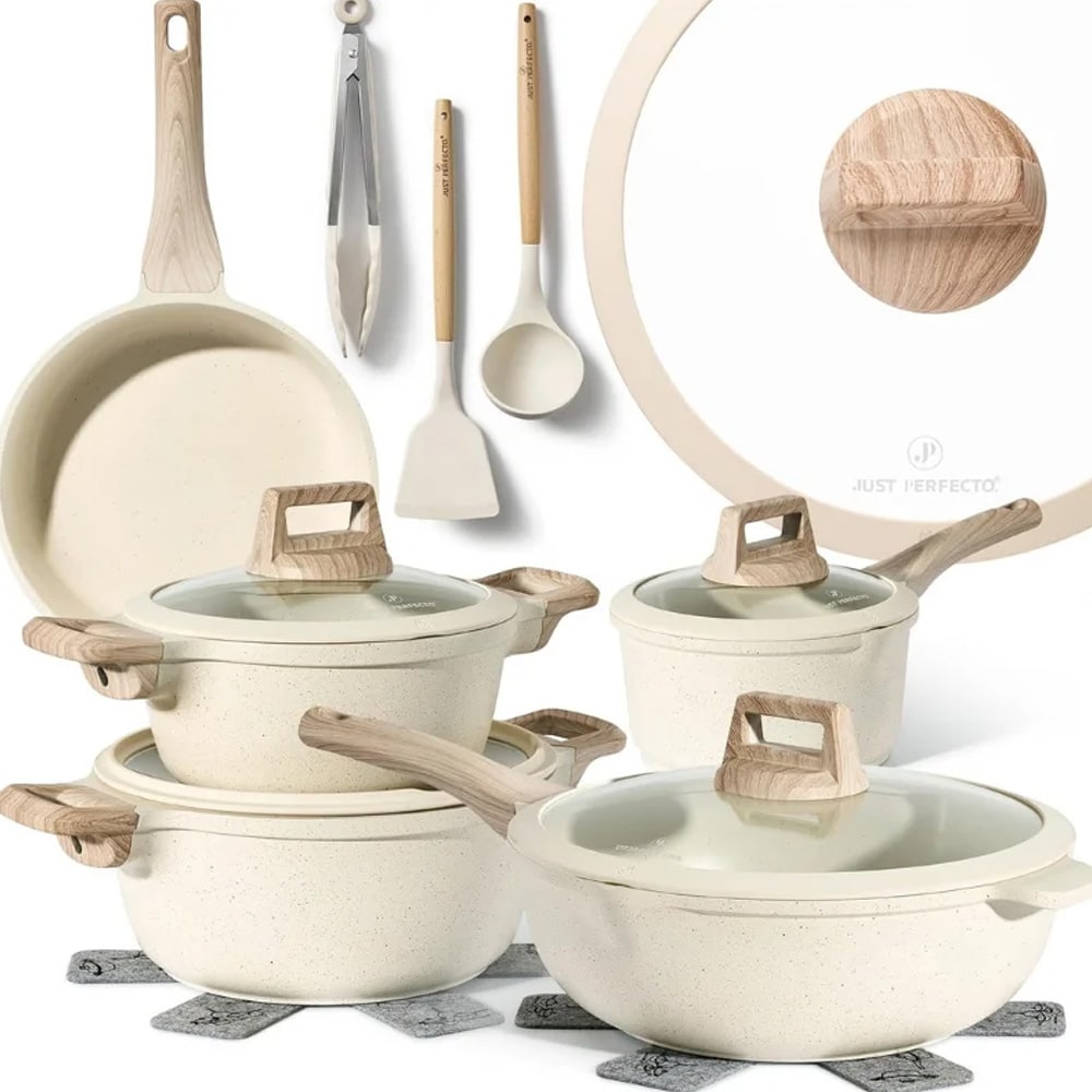 Grydesæt i 14 dele / komplet kogegrejssæt med keramisk non-stick-belægning og køkkenredskaber – Beige