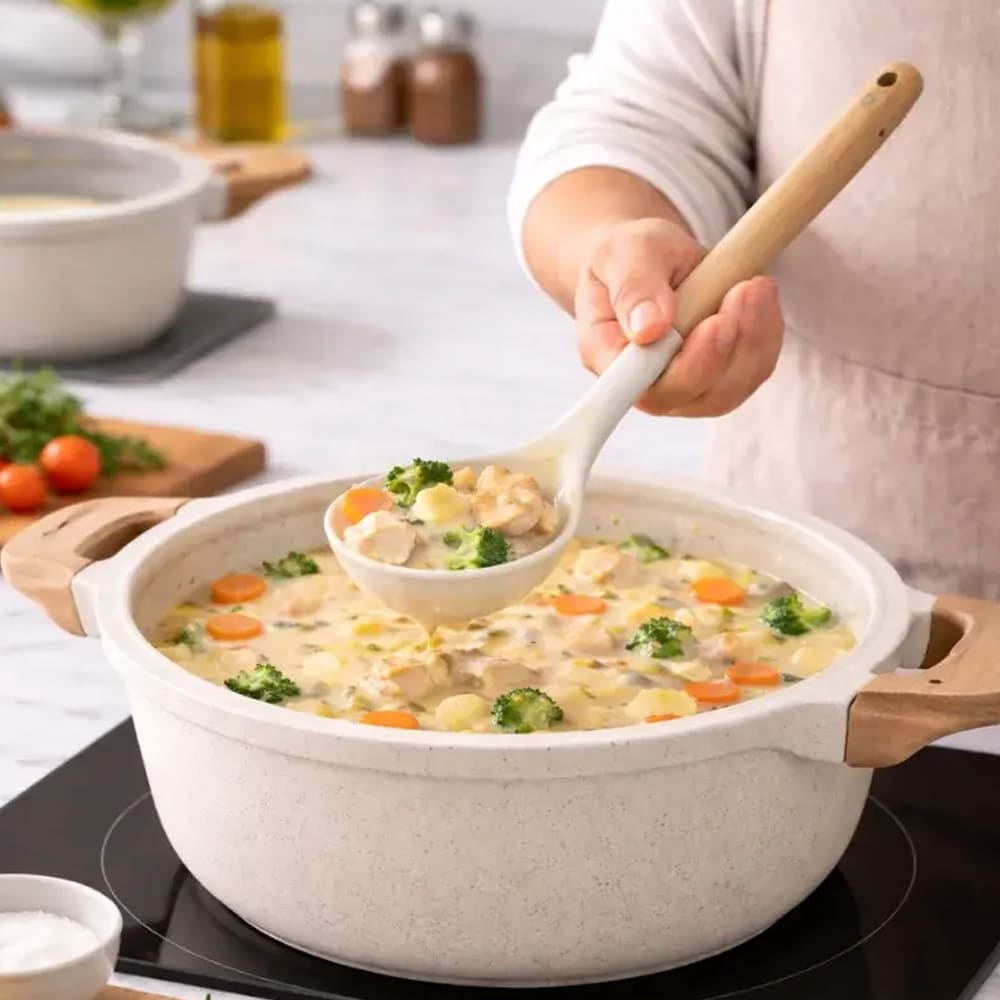 Grydesæt i 14 dele / komplet kogegrejssæt med keramisk non-stick-belægning og køkkenredskaber – Beige