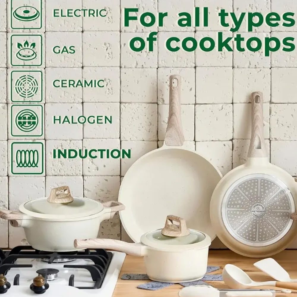 Grydesæt i 14 dele / komplet kogegrejssæt med keramisk non-stick-belægning og køkkenredskaber – Beige
