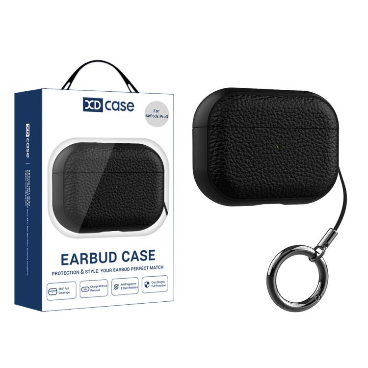 Fodral till AirPods Pro 3-laddningsetui / svart TPU-fodral med litchi-textur / med rem och karbinhake