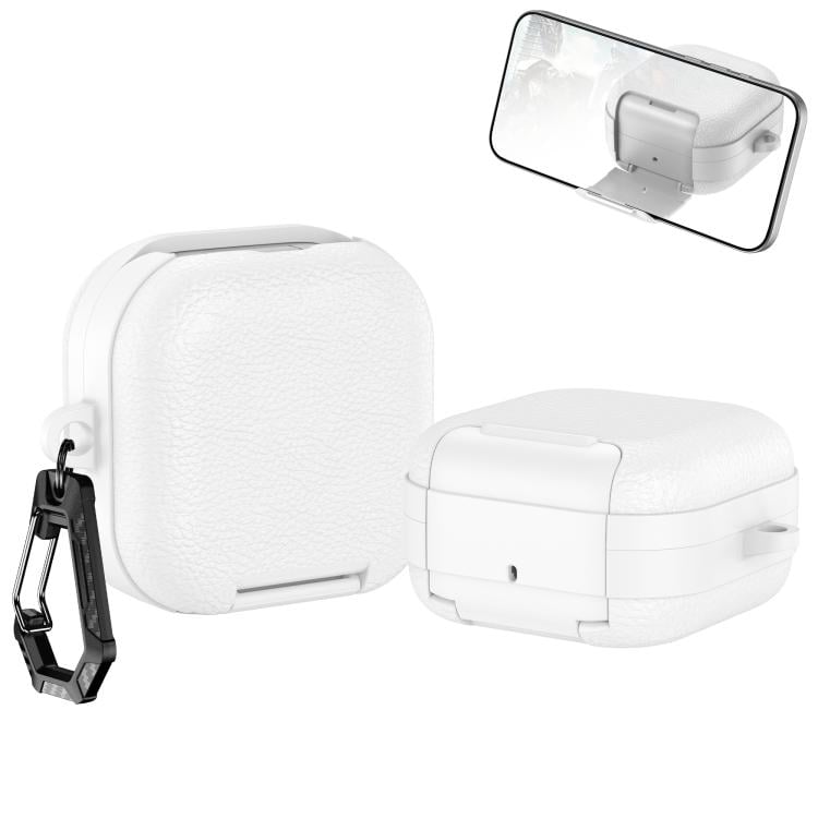Fodral till Samsung Galaxy Buds4 / Buds4 Pro / vitt hörlursfodral med läderstruktur / med mobilstativ