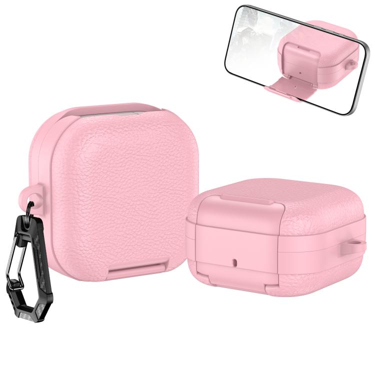 Fodral till Samsung Galaxy Buds4 / Buds4 Pro / rosa hörlursfodral med läderstruktur / med mobilstativ