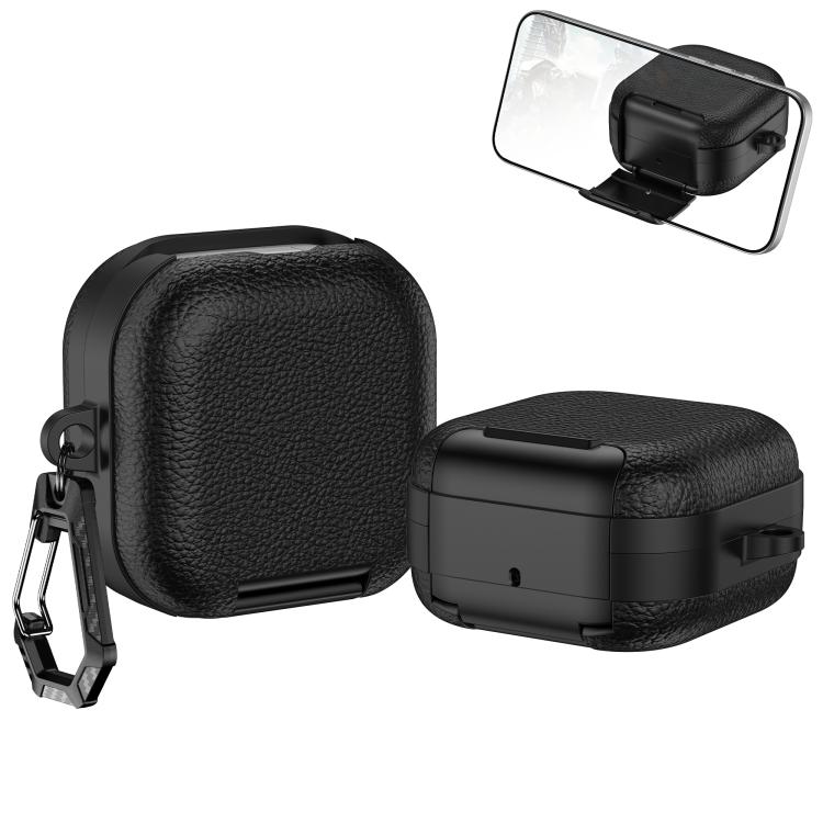 Fodral till Samsung Galaxy Buds4 / Buds4 Pro / svart hörlursfodral med läderstruktur / med mobilstativ