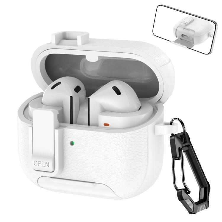 Fodral till Samsung Galaxy Buds3 / Buds3 Pro / vitt hörlursfodral med läderstruktur / med mobilstativ