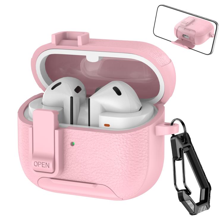 Fodral till Samsung Galaxy Buds3 / Buds3 Pro / rosa hörlursfodral med läderstruktur / med mobilstativ