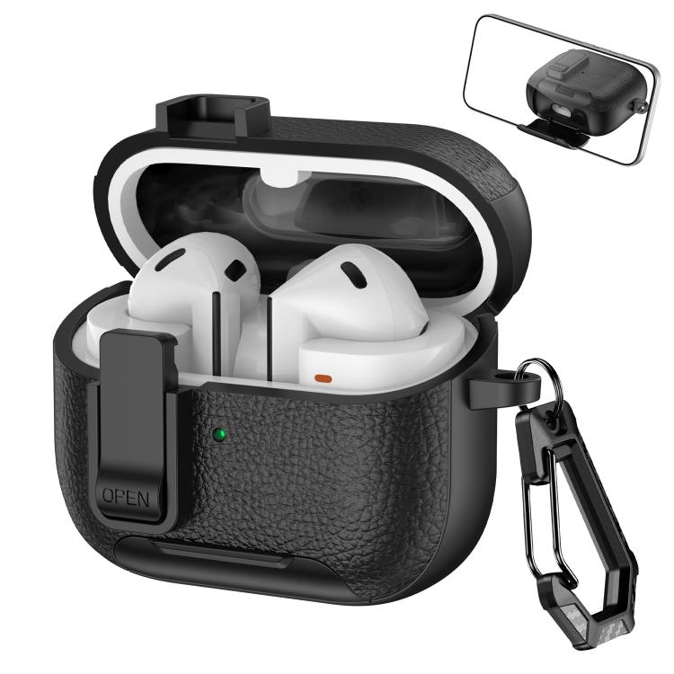 Fodral till Samsung Galaxy Buds3 / Buds3 Pro / svart hörlursfodral med läderstruktur / med mobilstativ
