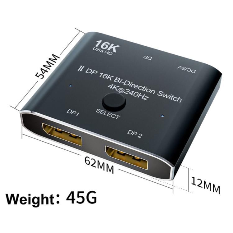 DisplayPorts-switch 16K / DisplayPort-switch 2 in 1 ut / DP-switch tvåvägs