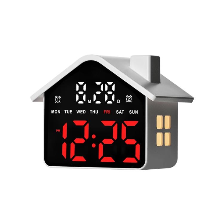 Husformad digital väckarklocka med rött ljus - Vit / Väckarklocka med dubbla alarm