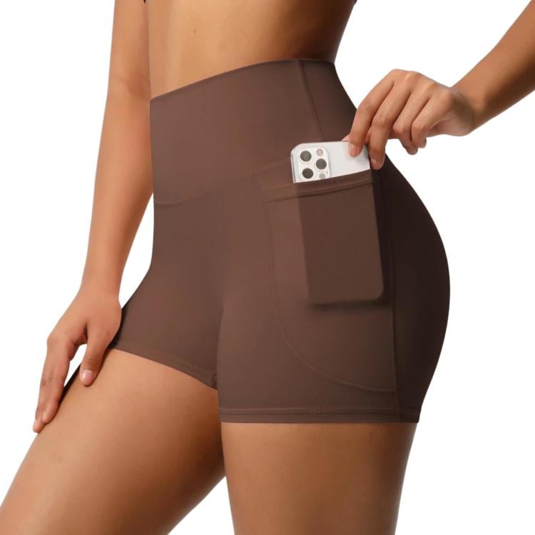 Yogashorts med hög midja och fickor Strl M - Kastanjebrun / trekvartslånga yogashorts