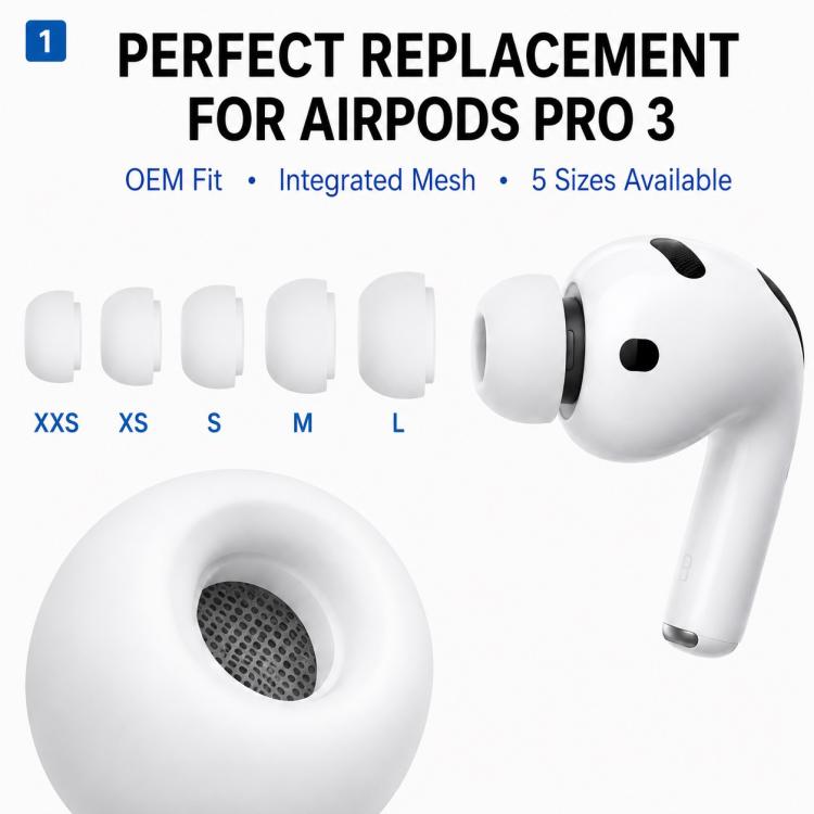 Öronproppar i silikon för AirPods Pro 3 5 par L/M/S/XS/XXS - Vit / ersättningsproppar