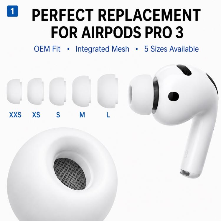 Öronproppar i silikonför AirPods Pro 3 5 par L/M/S/XS/XXS - Svart / ersättningsproppar