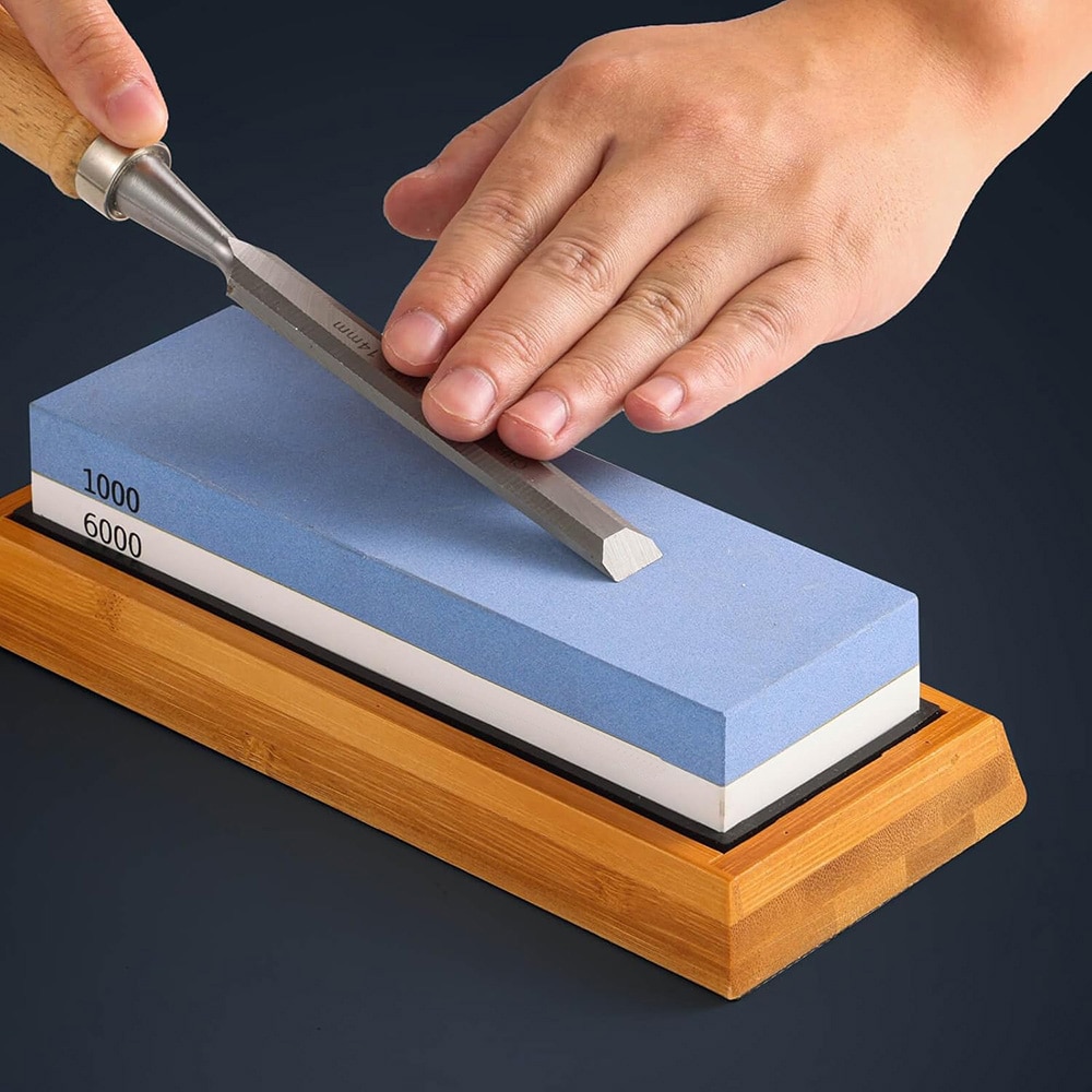 Slibesten 1000/6000 grit / brynesten i hvid korund / knivslibesæt med bambusbase