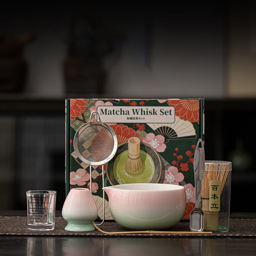 Matcha Tea Set / gradient color matchaset med 7 delar / matcha-set med gradientskål och bambuvisp